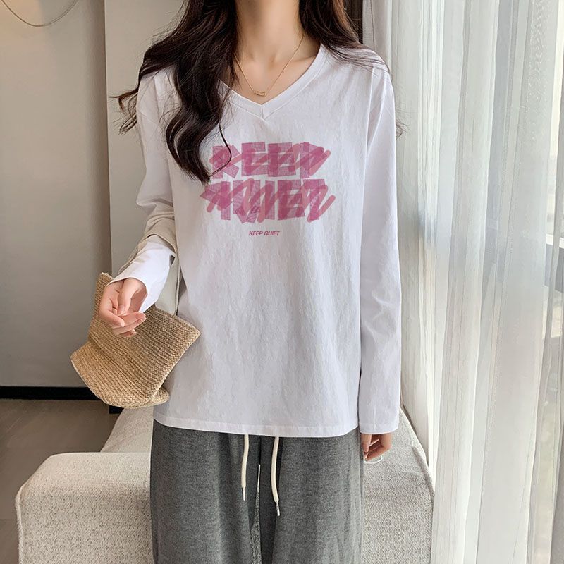 純棉慵懶風v領中長款長袖t恤女2023秋冬季新款設計感寬鬆韓版上衣