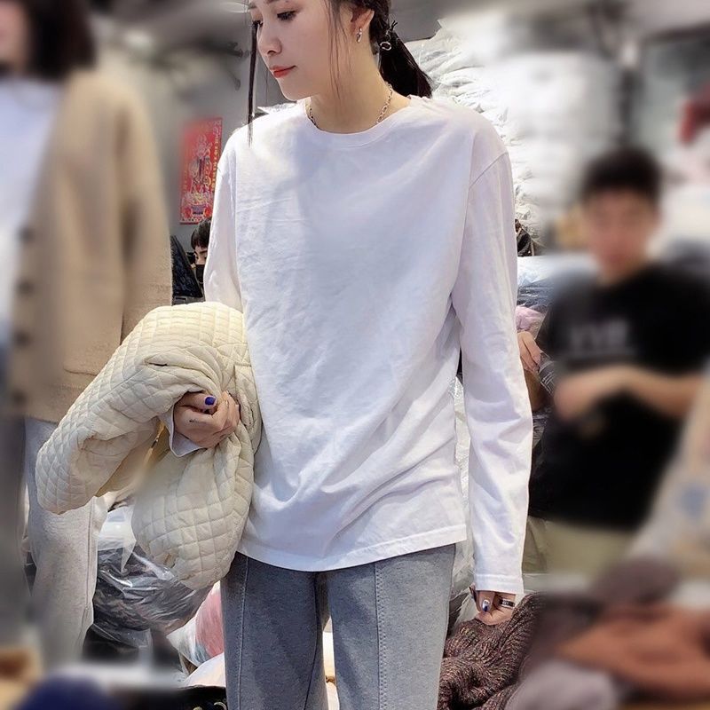白色純棉長袖T恤女春秋2023新款寬鬆圓領打底衫百搭疊穿休閒上衣
