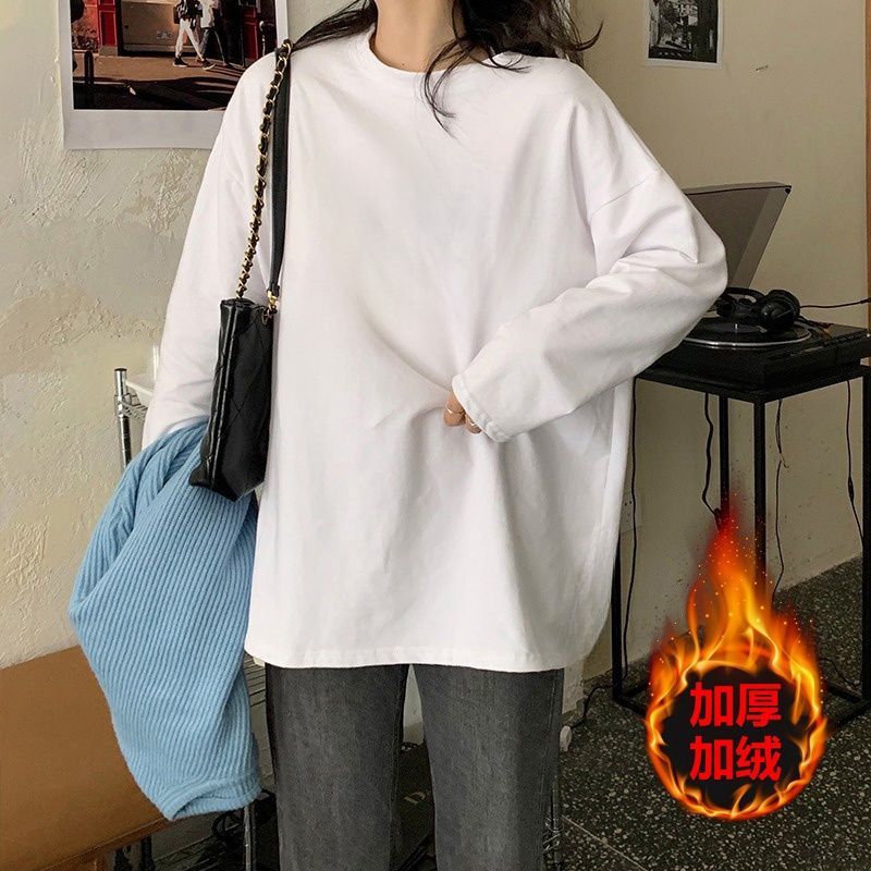 白色加絨加厚T恤女秋季韓版2023新款寬鬆中長款圓領內搭長袖上衣