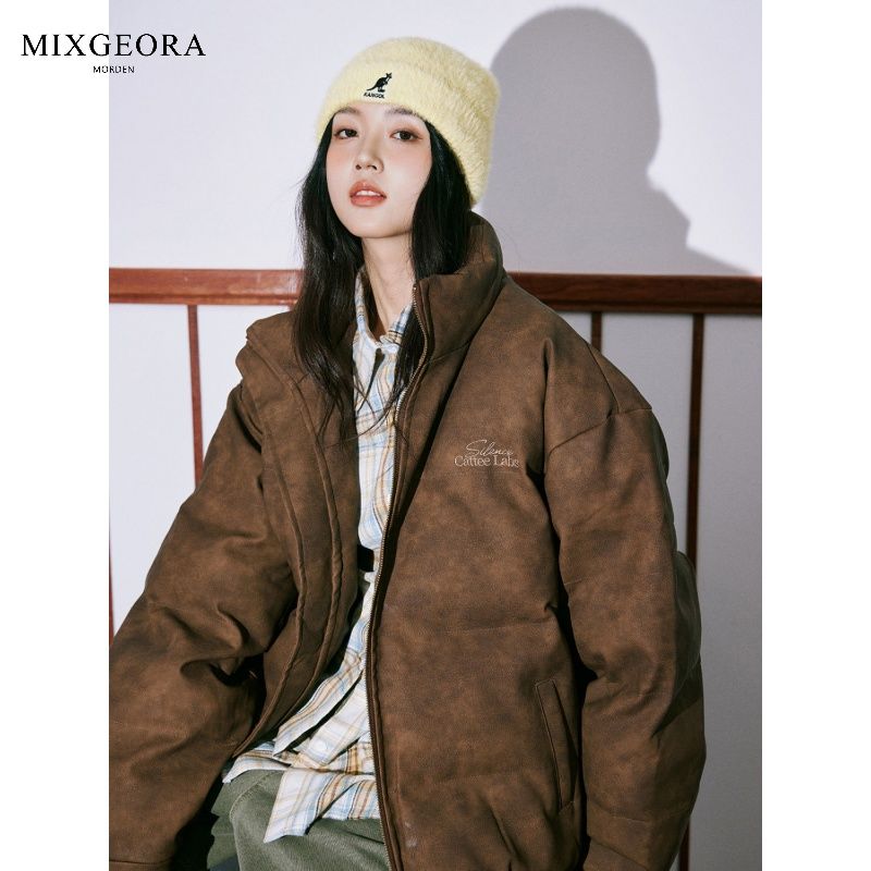MIX GEORA American retro old letter embroidery stand collar warm lint suit men's winter thickened bread suit