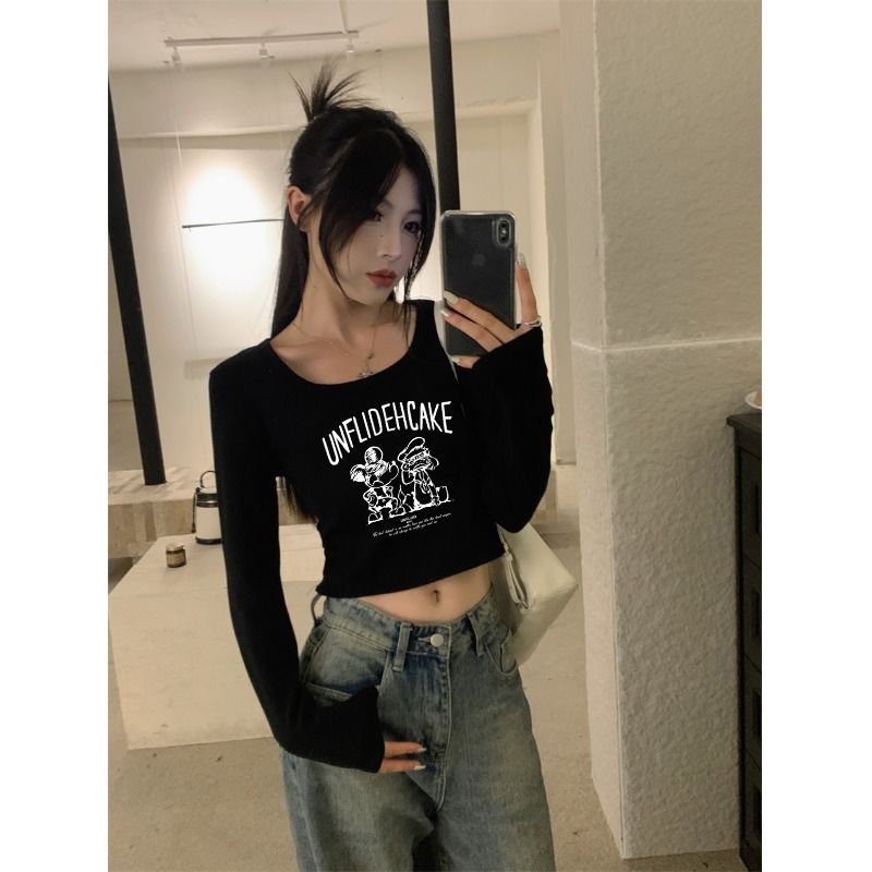 Short bottoming shirt for women pure cotton u-neck slim fit 2024 long-sleeved high-waist crop top spring and summer style