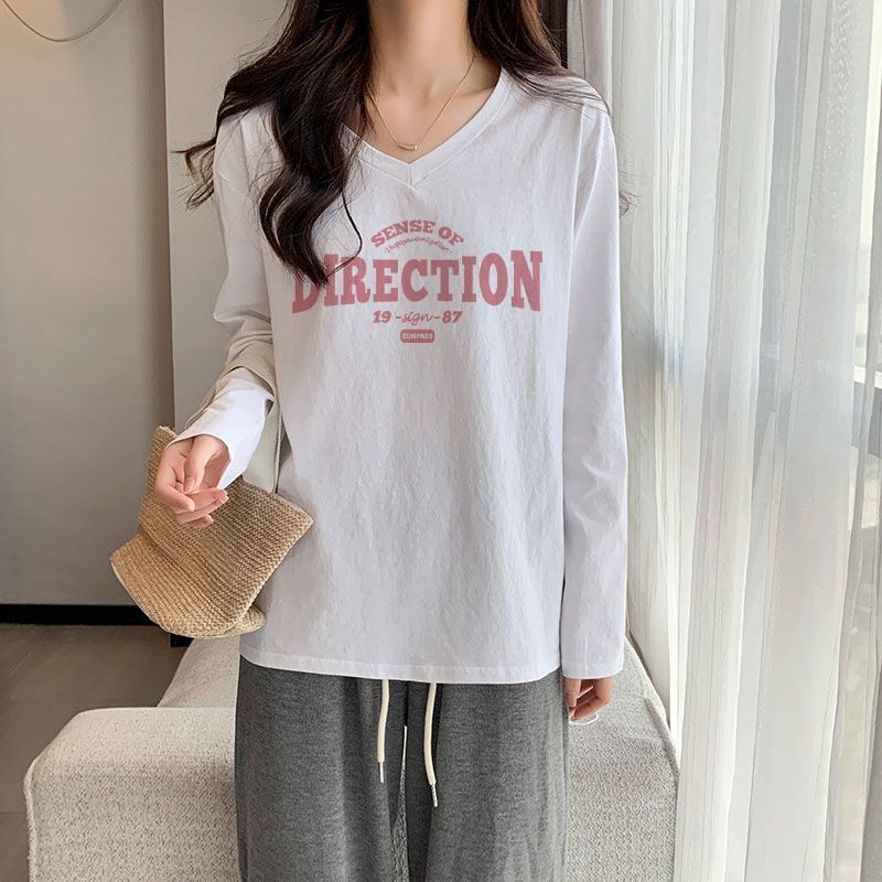 白色純棉v領長袖t恤女秋冬百搭顯瘦學生寬鬆洋氣上衣內搭打底衫潮