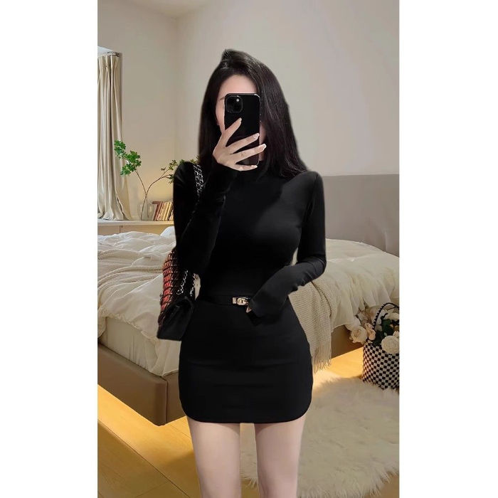 Pure Desire Hot Girl Half Turtle Collar Long Sleeve Black Dress Autumn and Winter New Slim Fit Skinny Bottoming Skirt Short Skirt