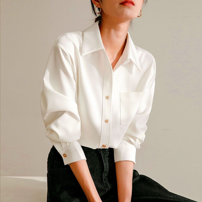 2024磨毛襯衫女秋冬復古設計感小眾內搭氣質上衣疊穿燈芯絨襯衣女