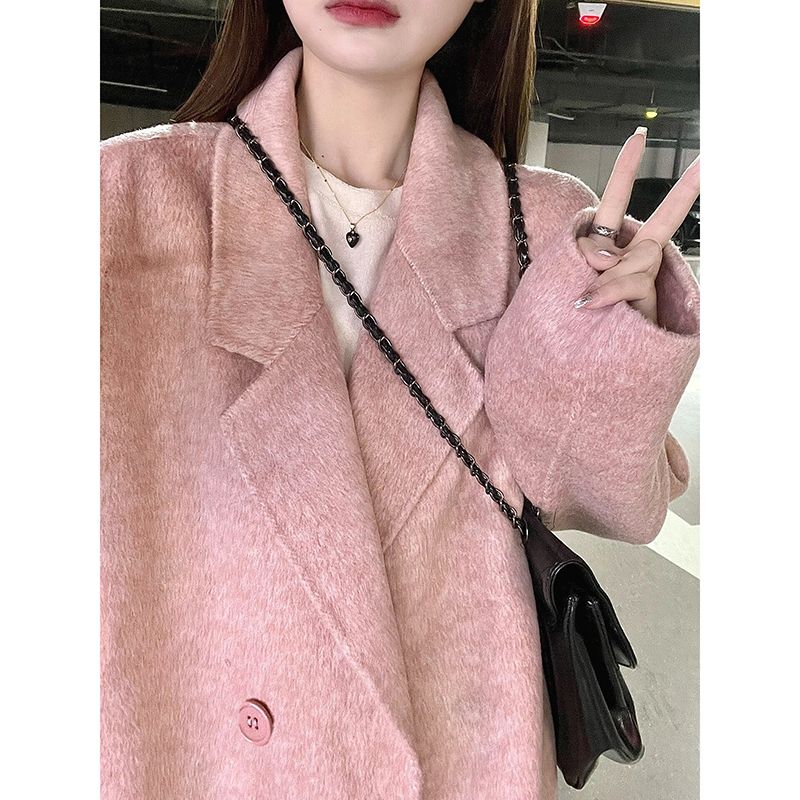 粉色毛呢外套女中長款2023新款秋冬妮子小個子赫本風加厚呢子大衣