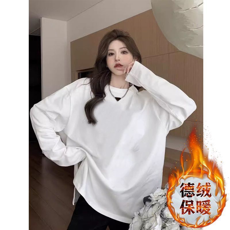 加厚保暖白色T恤女長袖雙面德絨圓領寬鬆疊穿內搭洋氣打底衫上衣