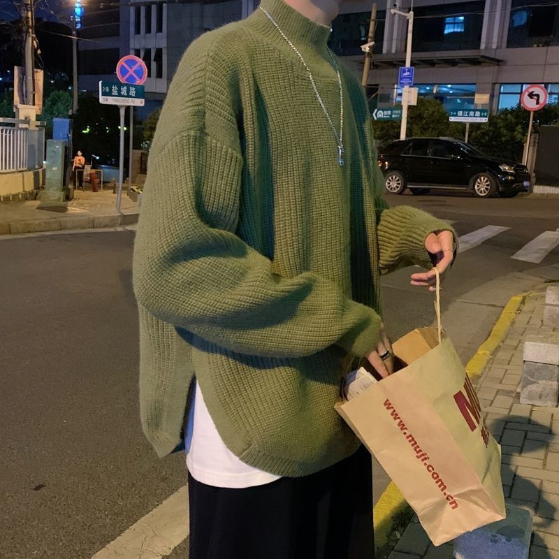 Slit solid color sweater for men and women, versatile design, half turtleneck, soft and waxy, casual, lazy and loose, ins knitted sweater for winter