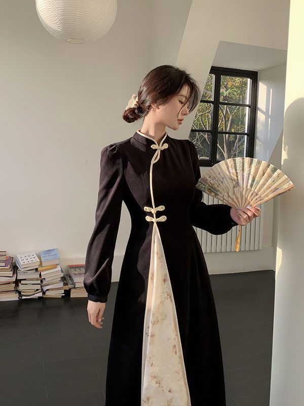 復古新中式國風改良立領旗袍連衣裙女秋冬新款高級感收腰氣質長裙