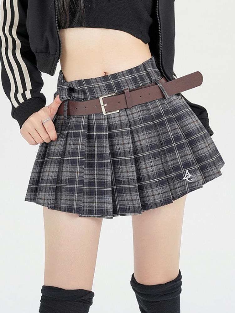 格子百褶半身裙女秋冬加厚高腰顯瘦磨毛a字半裙防走光辣妹超短裙