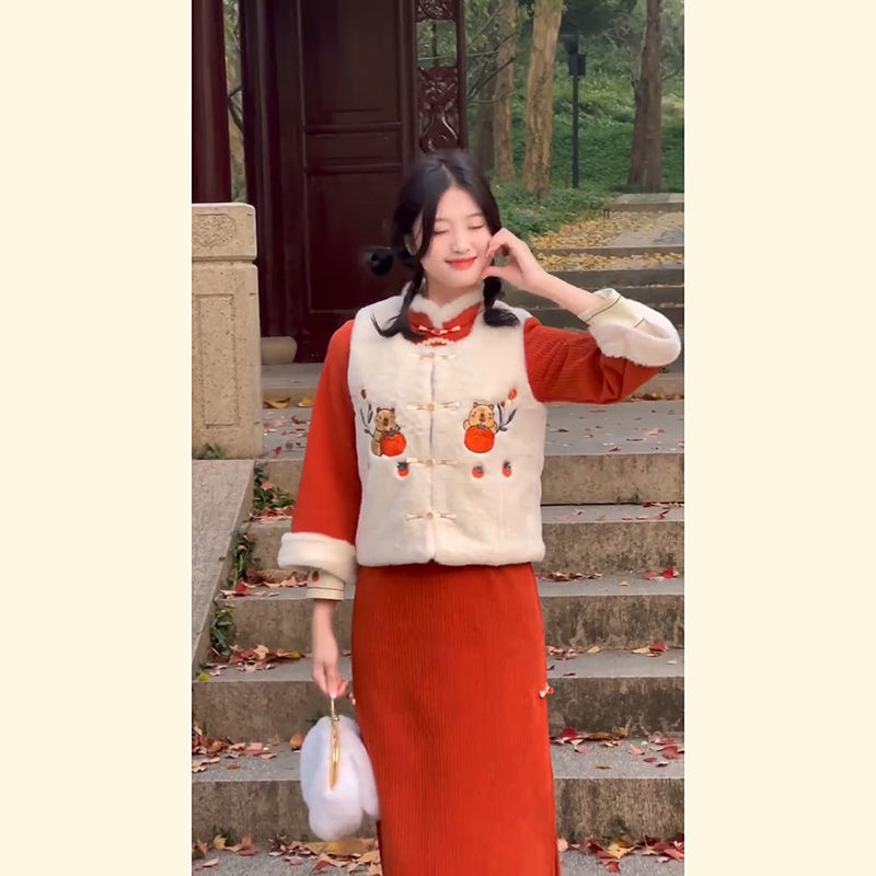 改良毛領旗袍馬甲2023新款加絨加厚年輕款少女小個子日常冬天套裝