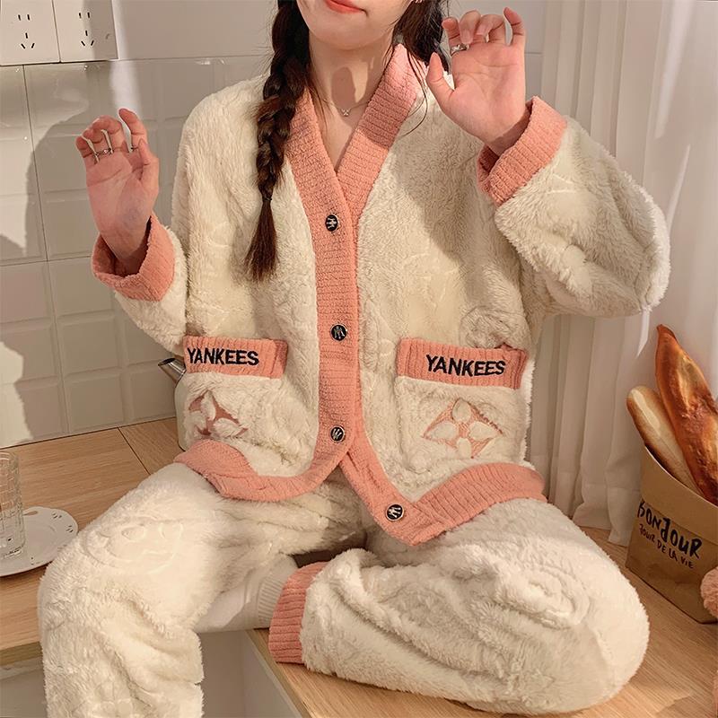 2023年睡衣女秋冬季珊瑚絨加厚加絨甜美可愛開衫法蘭絨家居服套裝