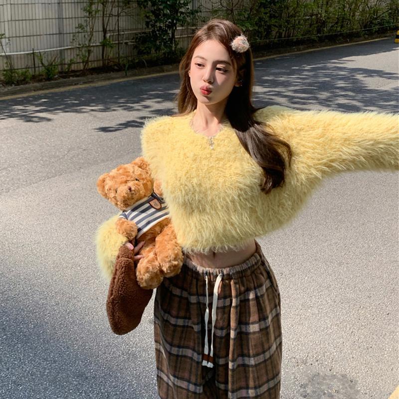 純欲風露臍仿貂毛毛衣女2023秋冬韓版短款寬鬆加厚套頭針織衫