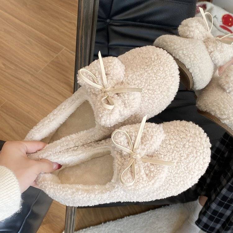 網紅羊羔毛毛鞋女外穿2023年新款秋冬可愛蝴蝶結加絨平底豆豆棉鞋