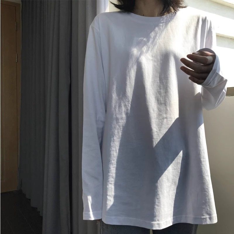白色t恤女長袖大碼寬鬆秋季新款內搭薄款純棉上衣純色百搭打底衫