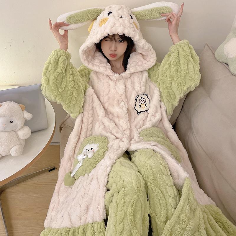 可愛睡衣女加厚加絨冬季天法蘭絨珊瑚絨長款大碼家居服可外穿睡袍