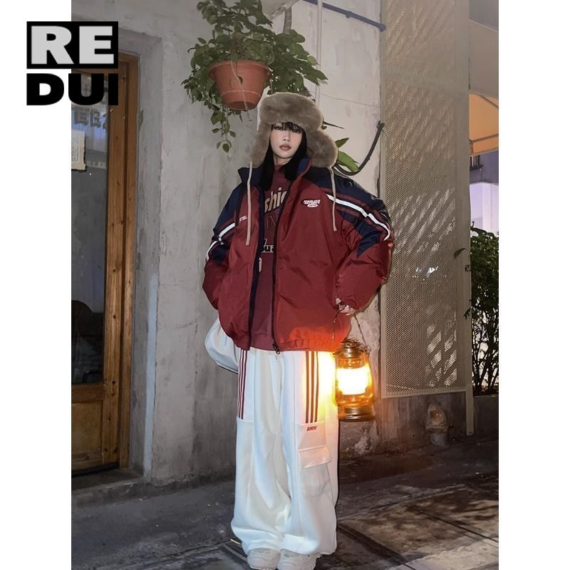 美式加厚兩面立領麵包拼色棉衣夾克男女冬季保暖復古雙面棉服棉襖