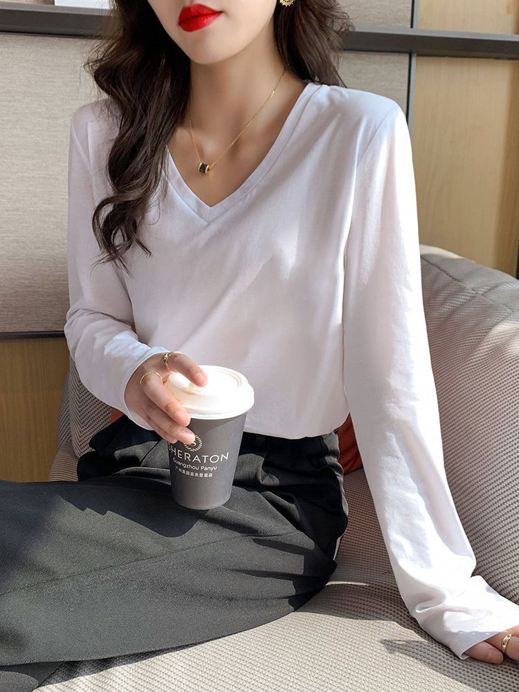 長袖t恤女100%純棉春秋新款寬鬆顯瘦秋裝設計感上衣韓版打底衫V領