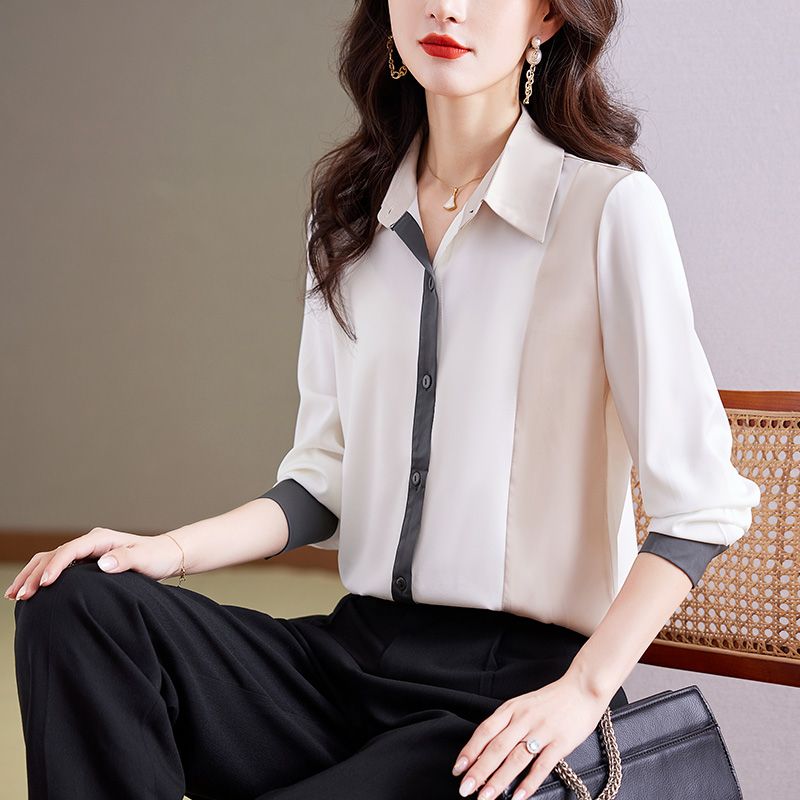 仿醋酸襯衫女上衣2024秋裝新款撞色拼接長袖正品純色氣質顯瘦襯衣