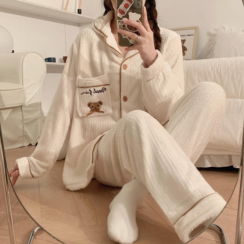 珊瑚絨睡衣女款秋冬季2023新款加厚加絨可愛開衫法蘭絨家居服套裝