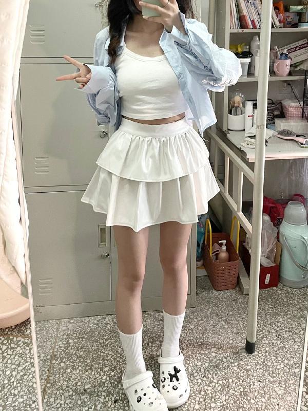 大碼微胖mm白色毛呢半身裙女秋冬荷葉邊高腰蓬蓬裙子防走光蛋糕裙