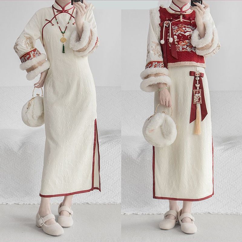 国潮中式新年拜年服冬季刺绣红色马甲改良修身旗袍套装连衣裙