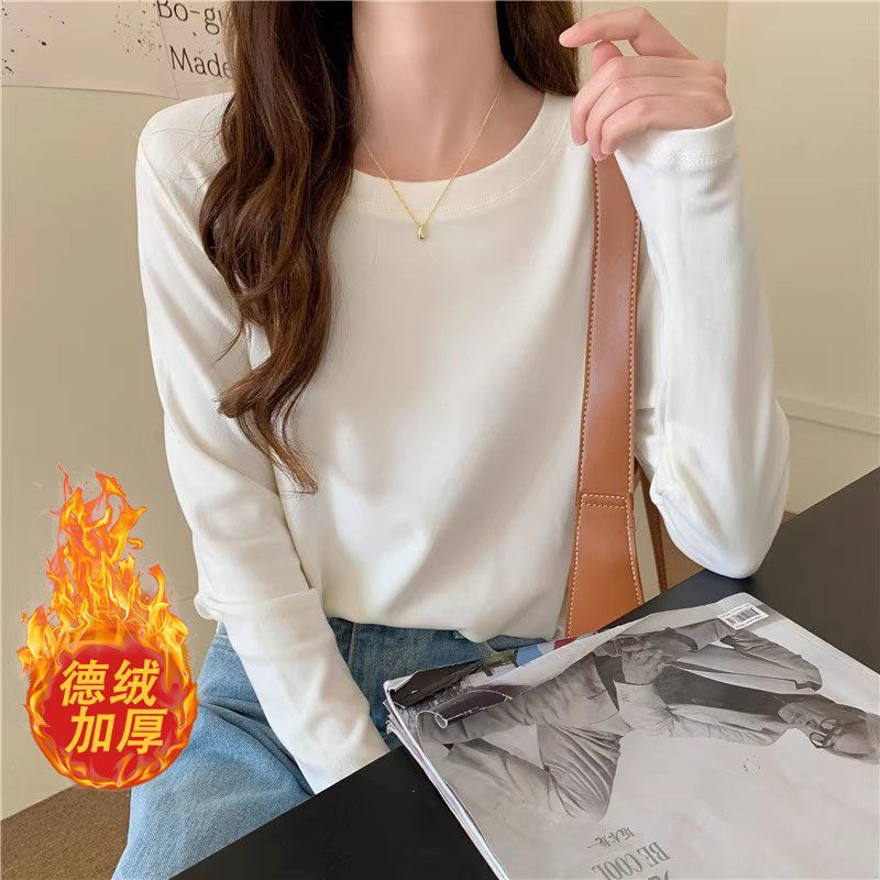 秋冬德絨白色純色打底衫女t恤新款長袖中長款上衣寬鬆雙面磨毛ins