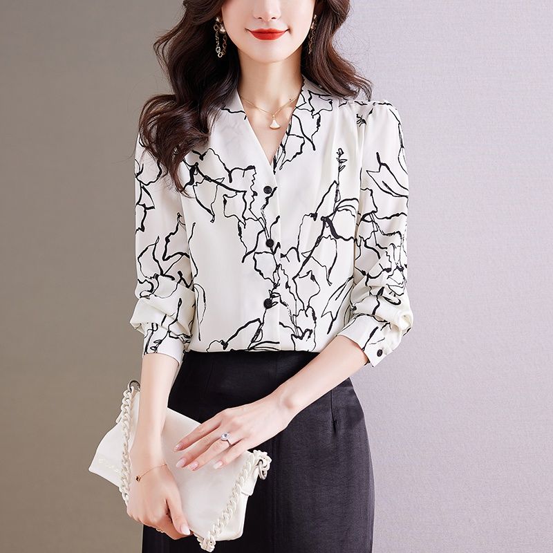 2024春秋新款抽象塗鴉長袖襯衫女垂感洋氣小衫V領春秋雪紡衫上衣