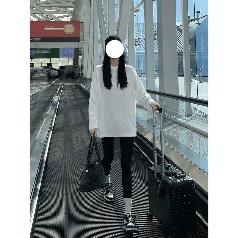 純棉疊穿長袖t恤女2023秋冬新款中長款白色打底衫內搭寬鬆上衣服