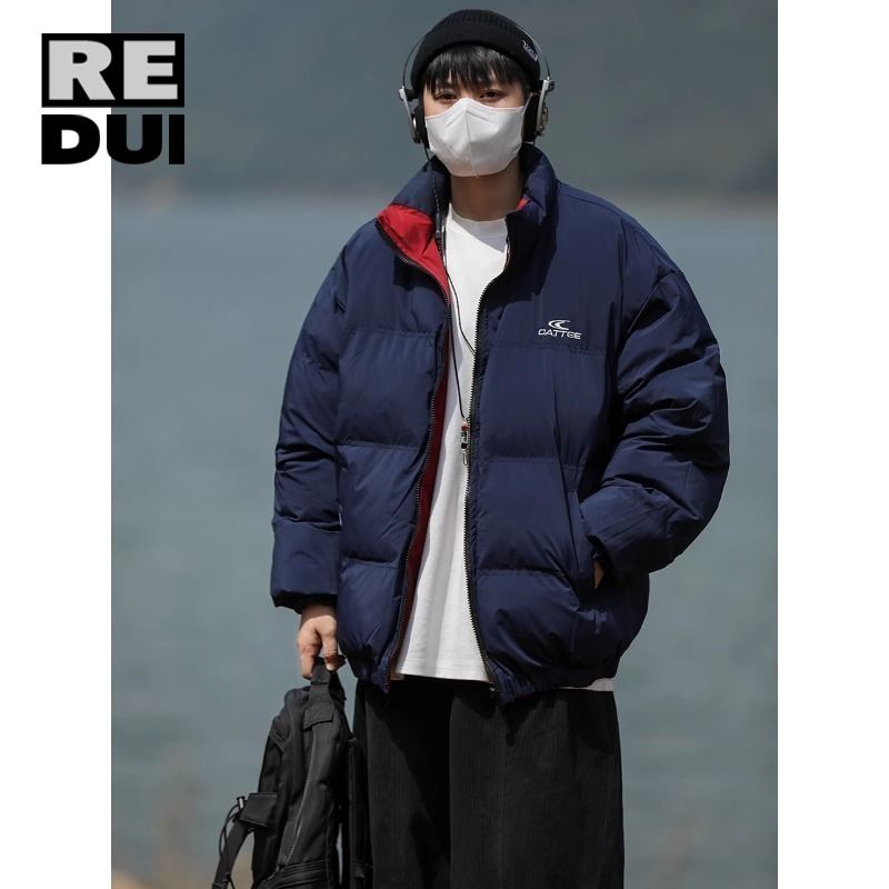 美式復古雙面穿棉衣男厚款拼色立領三條槓情侶麵包服保暖百搭棉服