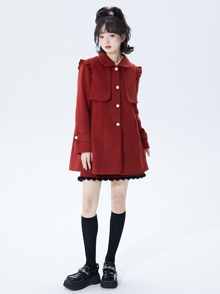 聖誕戰袍毛呢大衣外套女新年戰袍復古小眾甜美學院風呢子大衣ins