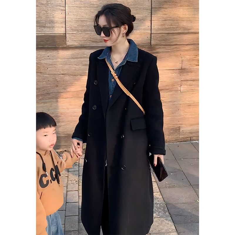 黑色雙面羊毛大衣女中長款2023春秋冬新款赫本風小個子羊毛呢外套
