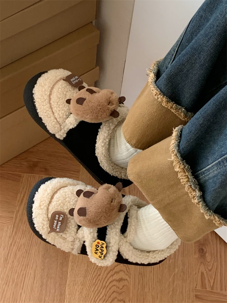 Thin strips of fun capybara capybara pea shoes for women winter Velcro lambswool warm non-slip cotton shoes