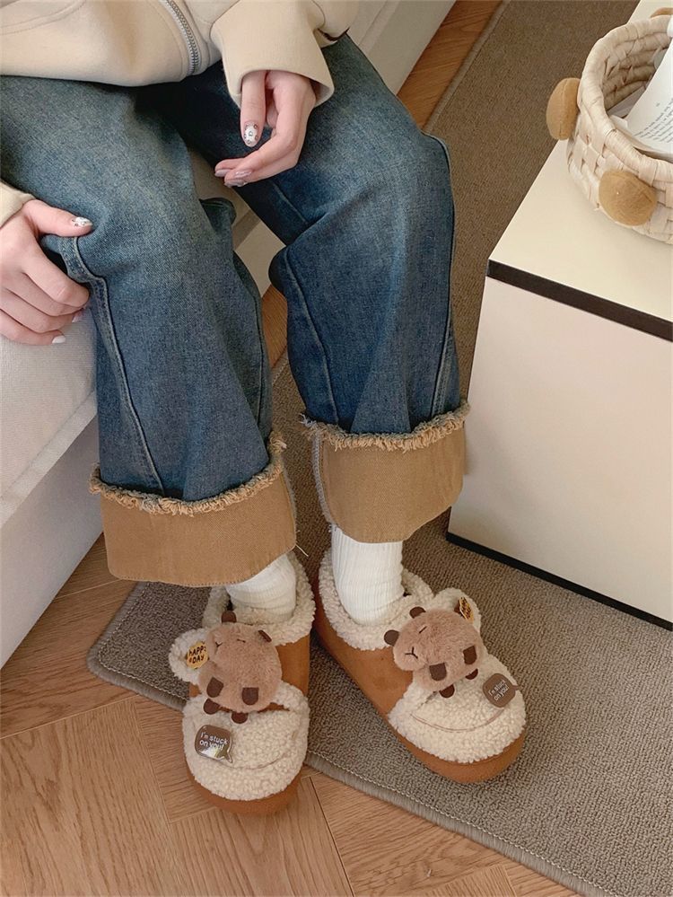 Thin strips of fun capybara capybara pea shoes for women winter Velcro lambswool warm non-slip cotton shoes
