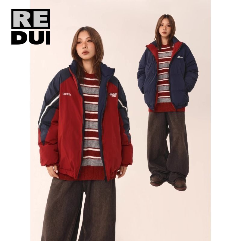 美式復古潮流棉衣棉服女冬紅藍撞色兩面穿外套男刺繡保暖條紋棉襖