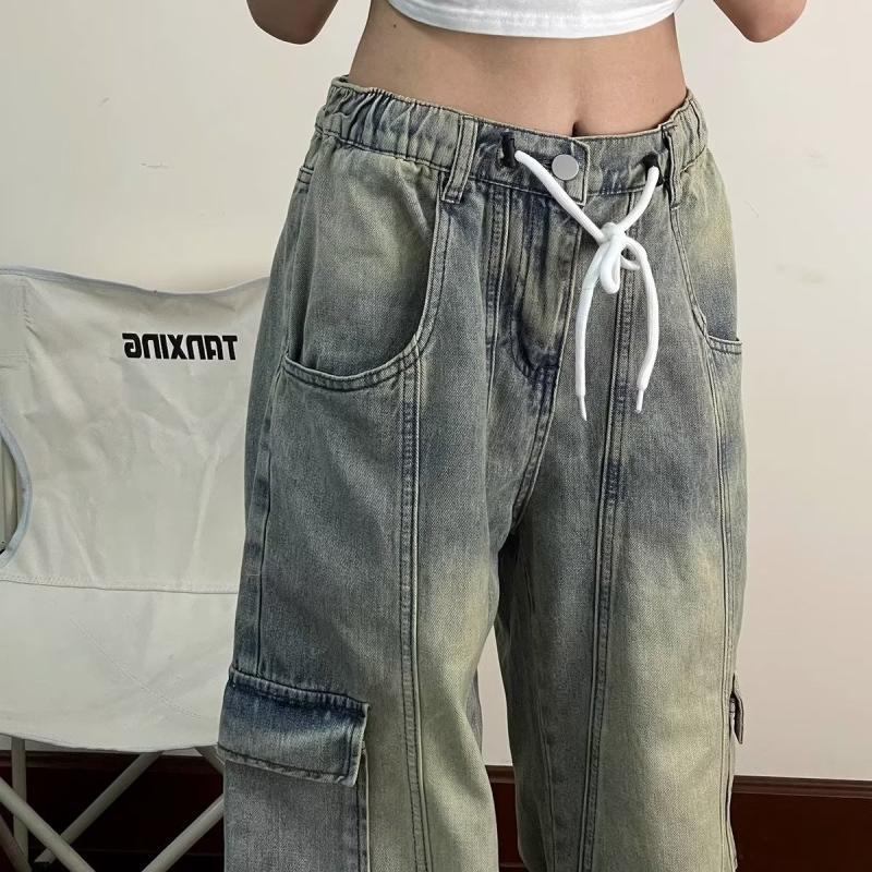 美式復古做舊黃泥染抽繩工裝牛仔褲男女鬆緊腰寬鬆大碼休閒直筒褲