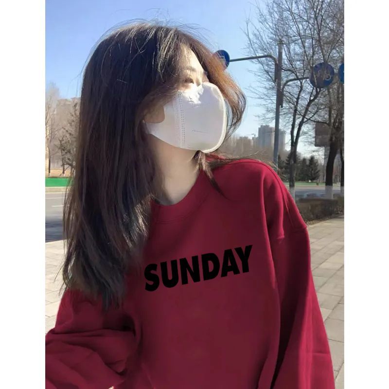 紅色衛衣女冬季新款圓領小個子慵懶風加絨加厚上衣龍年本命年衣服