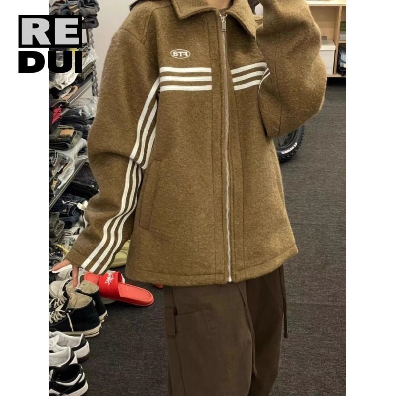美式復古三條槓外套女秋季vintage美拉德設計感條紋毛呢棒球服潮