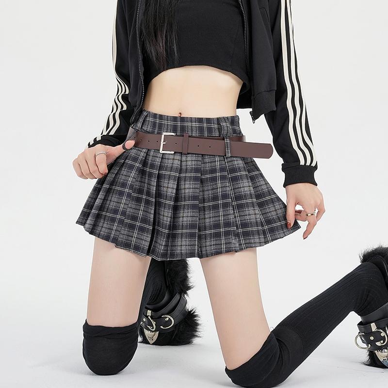 學院風jk格子百褶裙女秋冬加厚復古辣妹腰帶設計感顯瘦a字短裙子