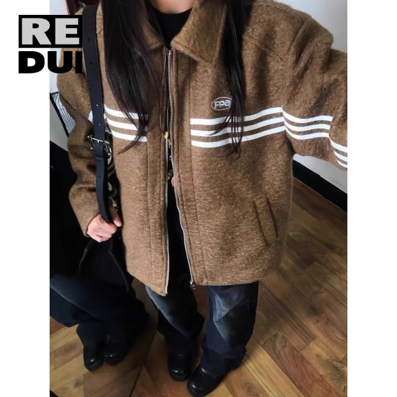 美拉德穿搭翻領外套女秋冬美式復古寬鬆情侶夾克撞色拼接開衫上衣