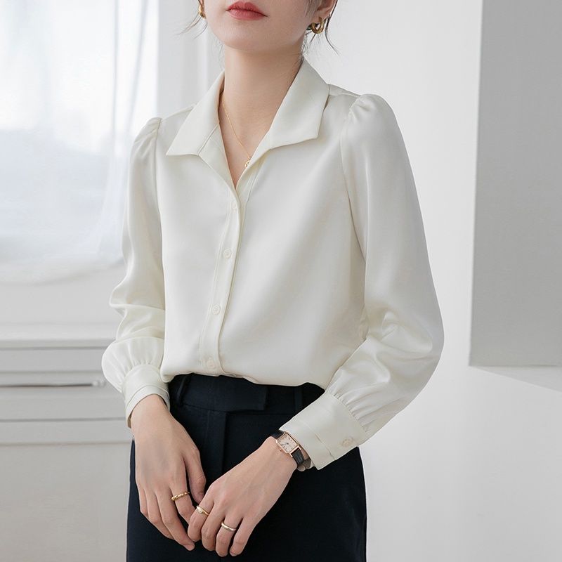 2024春秋新款小個子高級緞面長袖白色襯衫女通勤職業顯瘦上衣女潮