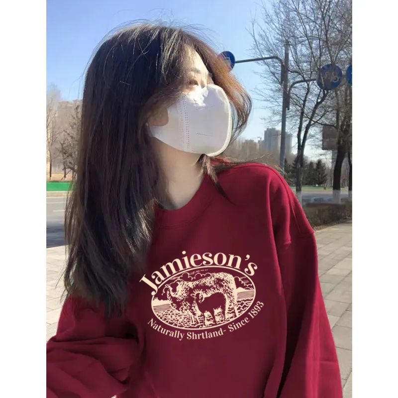 紅色圓領衛衣女oversize秋冬2024年新款慵懶風龍年本命年加絨上衣