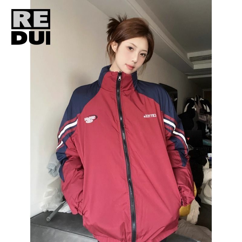 冬季新款美式復古拼接立領保暖麵包服棉服禦寒兩面穿棉襖棉衣潮潮