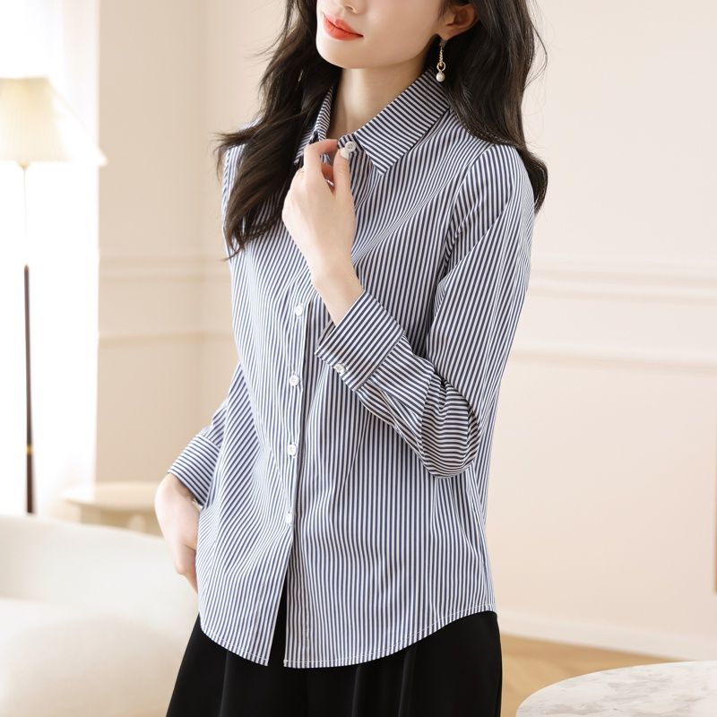 豎條紋襯衫女長袖2024春秋新款氣質韓版顯瘦上衣職業通勤襯衣上衣