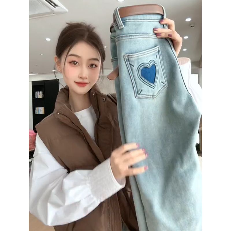 韓版淺藍色加絨牛仔褲女冬季加厚小個子高腰愛心顯瘦修身煙管褲子
