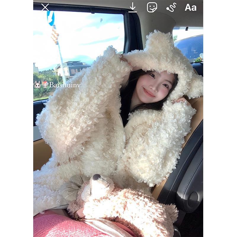 Cute Bear Ears Hooded Lamb Plush Jacket Women's Autumn and Winter New Loose Thickened Age-Reducing Cardigan Top