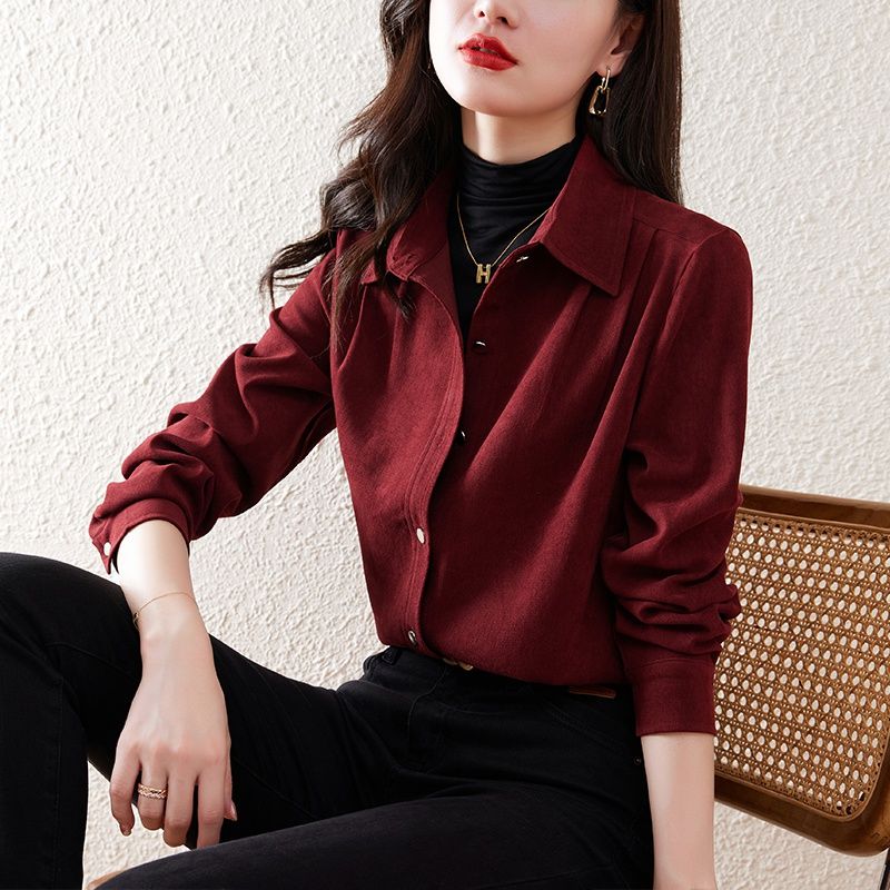 2024年秋冬時尚氣質顯瘦百搭疊穿磨毛襯衫女士長袖寬鬆大碼上衣女