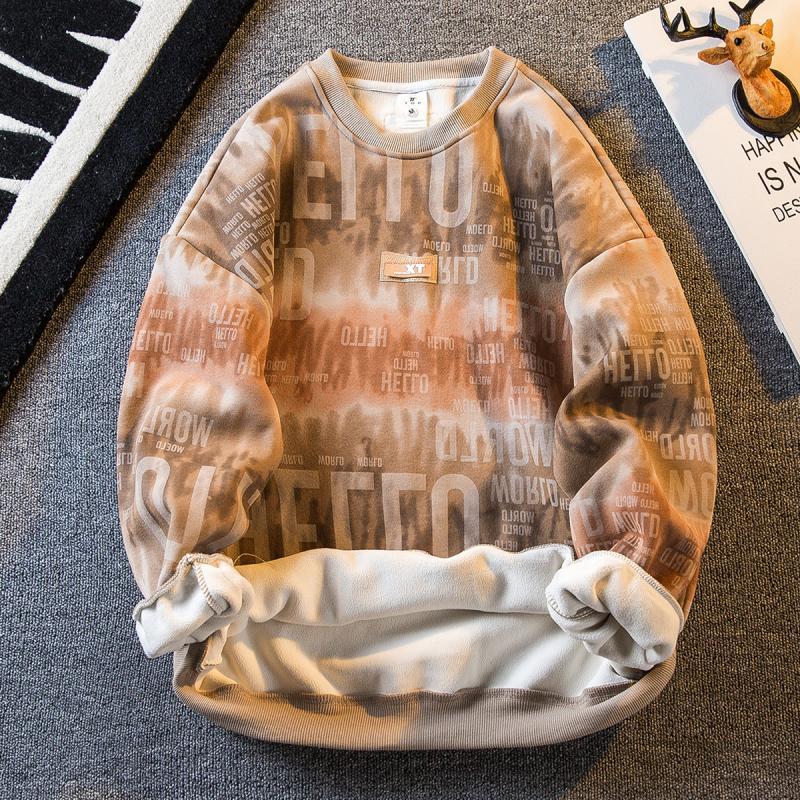 Paul trendy retro tie-dye plus velvet thickened sweatshirt men's autumn and winter  trendy brand loose pullover warm top