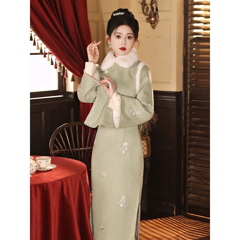 綠色旗袍2023新款中式加絨厚國風女馬甲兩件套裝茶服秋冬季小洋裝