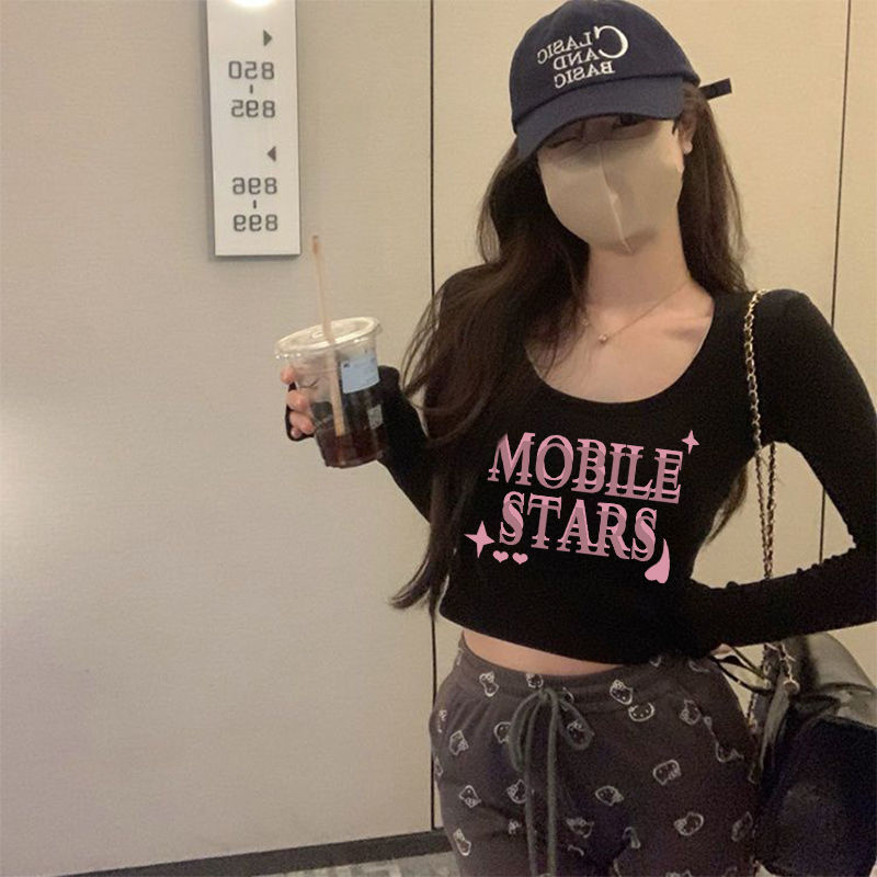 純欲風辣妹u領長袖t恤女秋季高腰露臍黑色內搭打底衫修身短款上衣