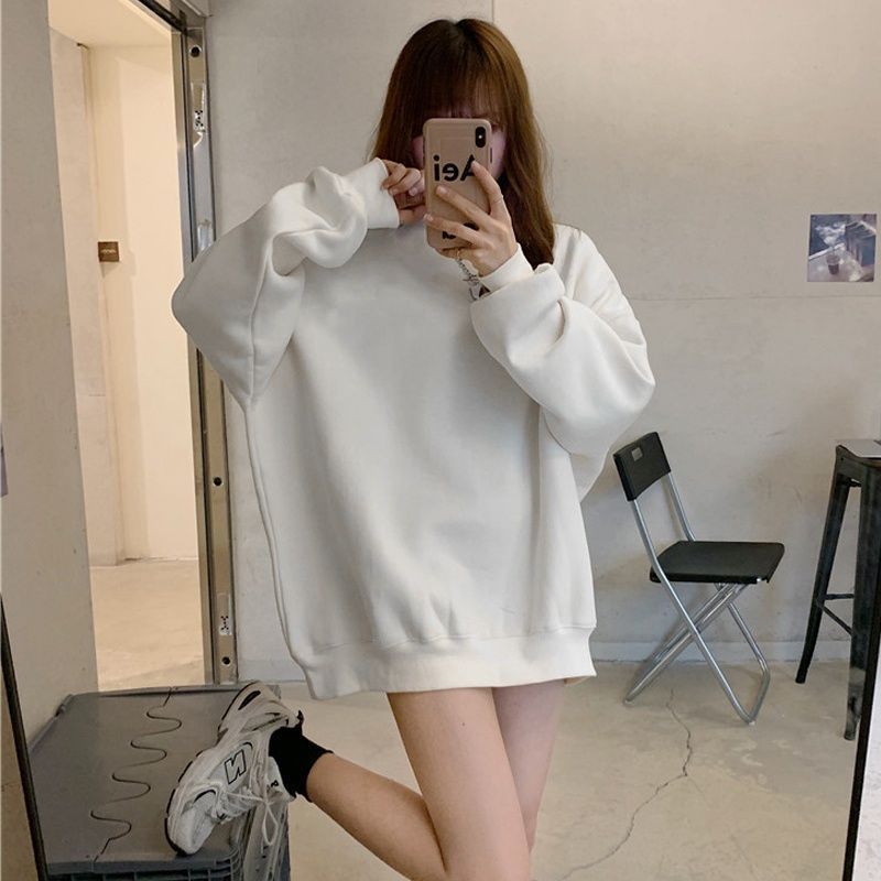 純色衛衣女2023春秋新款韓版寬鬆圓領薄款休閒百搭慵懶風長袖上衣